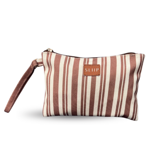 Striped brown and beige pouch with a brown strap and visible brand logo on a white background
