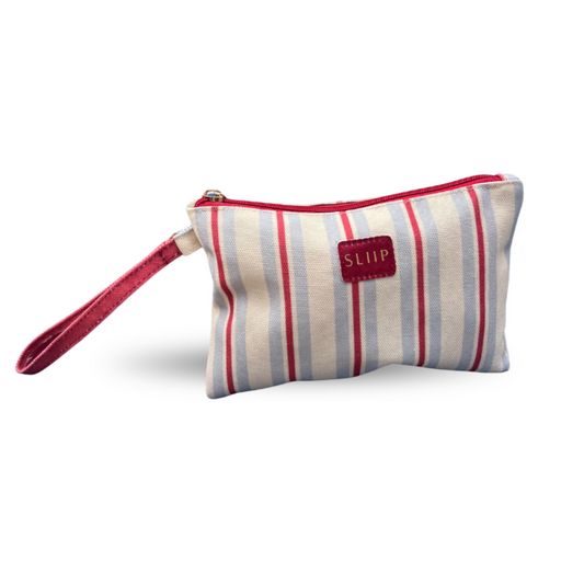 red, blue and beige striped small bag, pouch front view with red zip and SLIIP logo