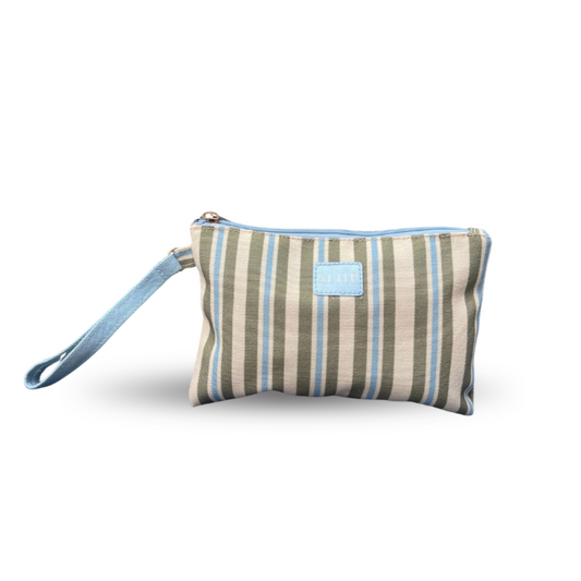 blue, green and beige small pouch bag with blue handle and light blue zip
