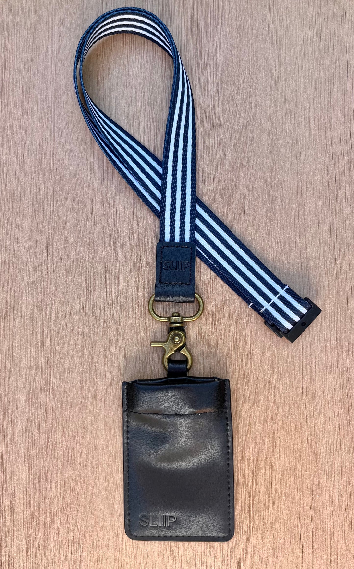 black and white striped lanyard with key pouch