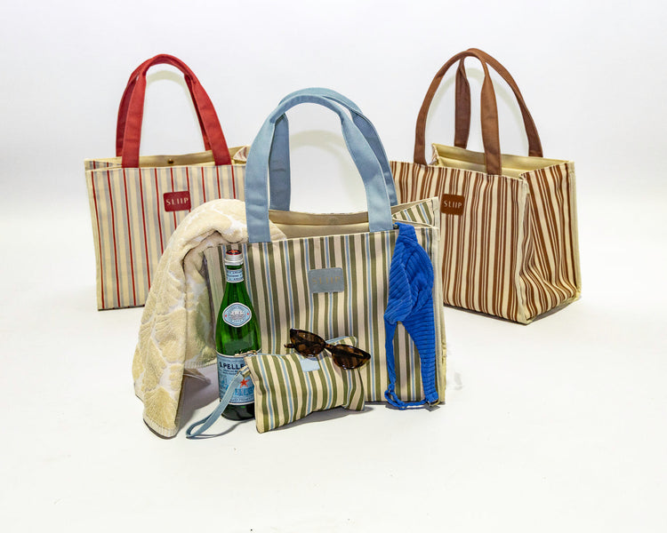 Front view of striped Versa Bag – work and lifestyle carryall