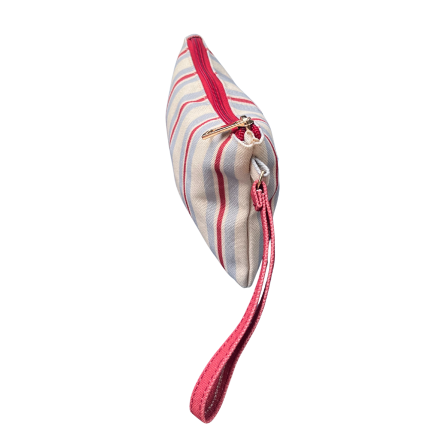 side view of red, blue and beige striped small bag, pouch front view with red zip and SLIIP logo