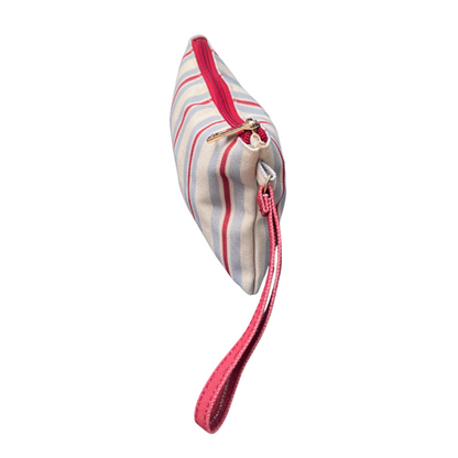 side view of red, blue and beige striped small bag, pouch front view with red zip and SLIIP logo