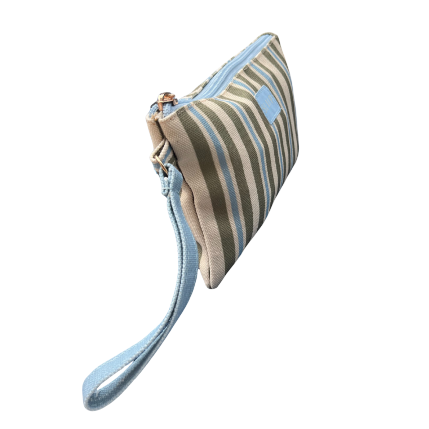 side view of blue, green and beige small pouch bag with blue handle and light blue zip, versa pouch