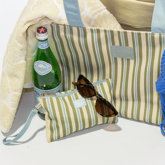 small matching blue, green and beige bags with blue handle and light blue zip, big and small