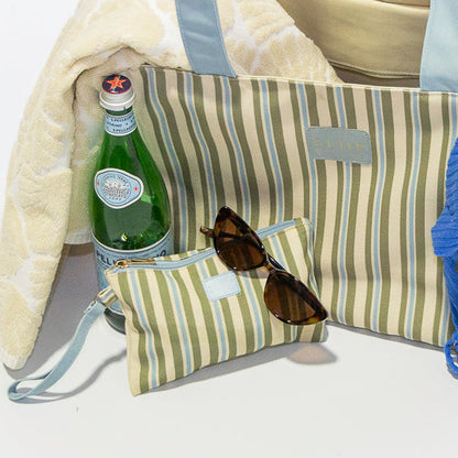 small matching blue, green and beige bags with blue handle and light blue zip, big and small