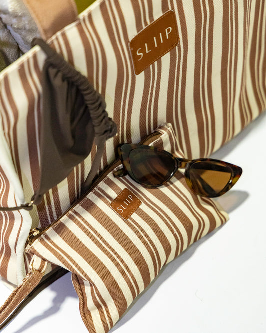 Matching striped brown and beige pouch with matching large tote bag 