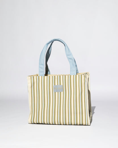 Striped blue, green and beige tote bag with a light blue handles