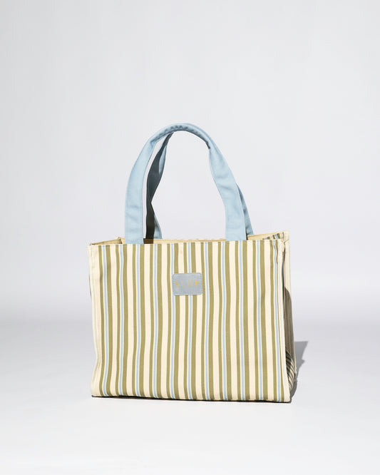 Striped blue, green and beige tote bag with a light blue handles