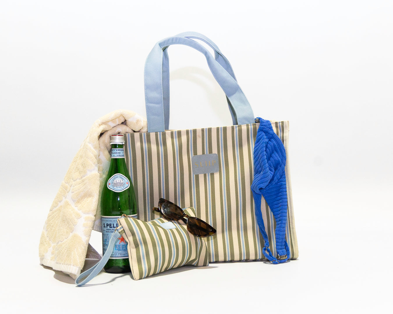 Beach bag striped blue, green and beige tote bag with a light blue handles with small matching bag pouch